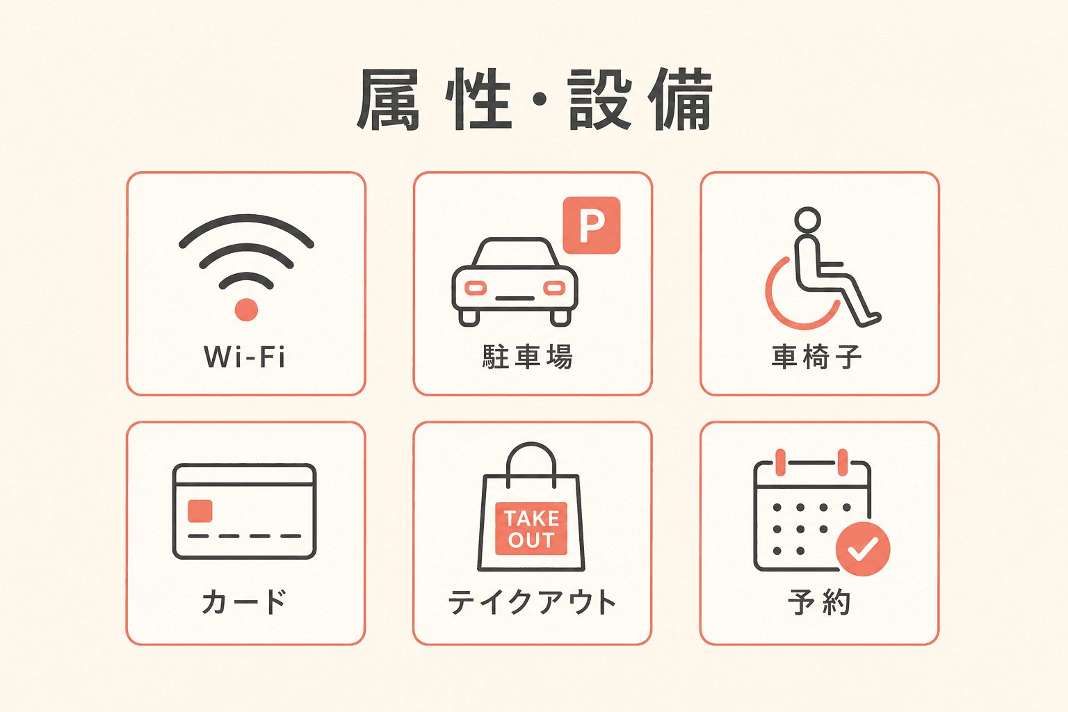 駐車場・Wi-Fi・予約など店舗属性アイコンのイメージ