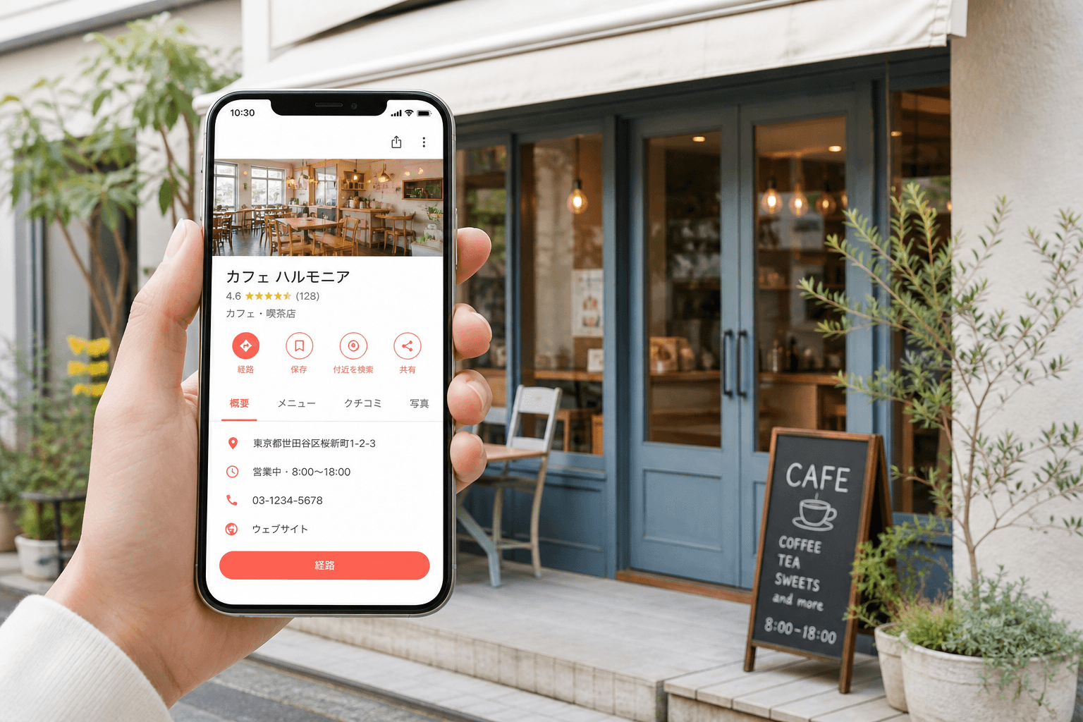 スマホに表示された店舗プロフィールと店先のイメージ